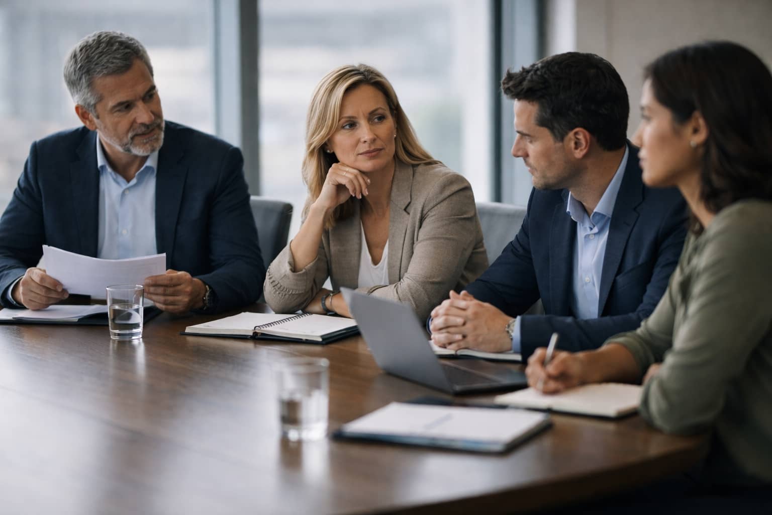 Réflexion collective lors d’une réunion en entreprise illustrant les enjeux de cohésion d’équipe et d’alignement du travail collectif.