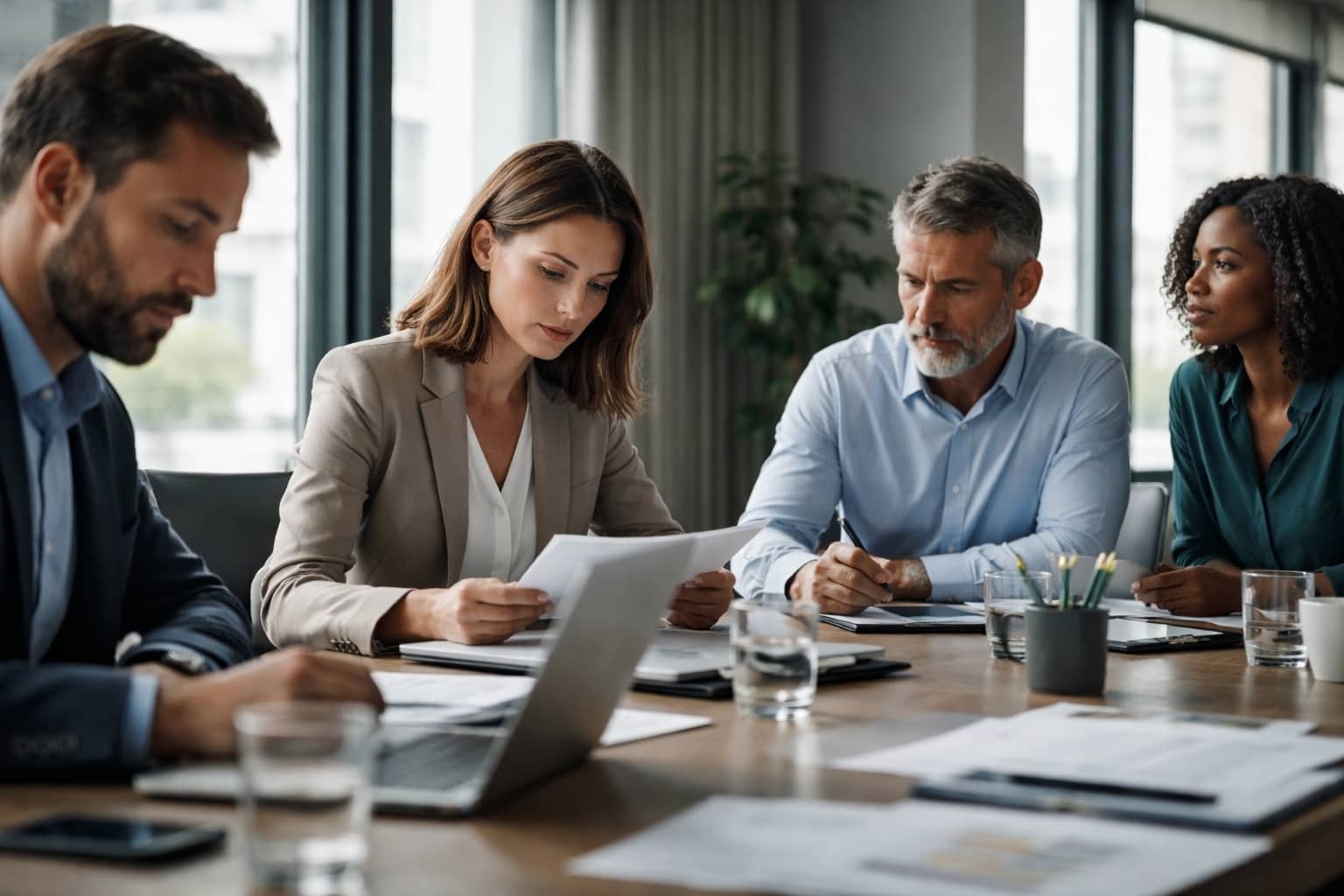 Equipe en réunion professionnelle illustrant un manque de cohésion et de coopération en entreprise.