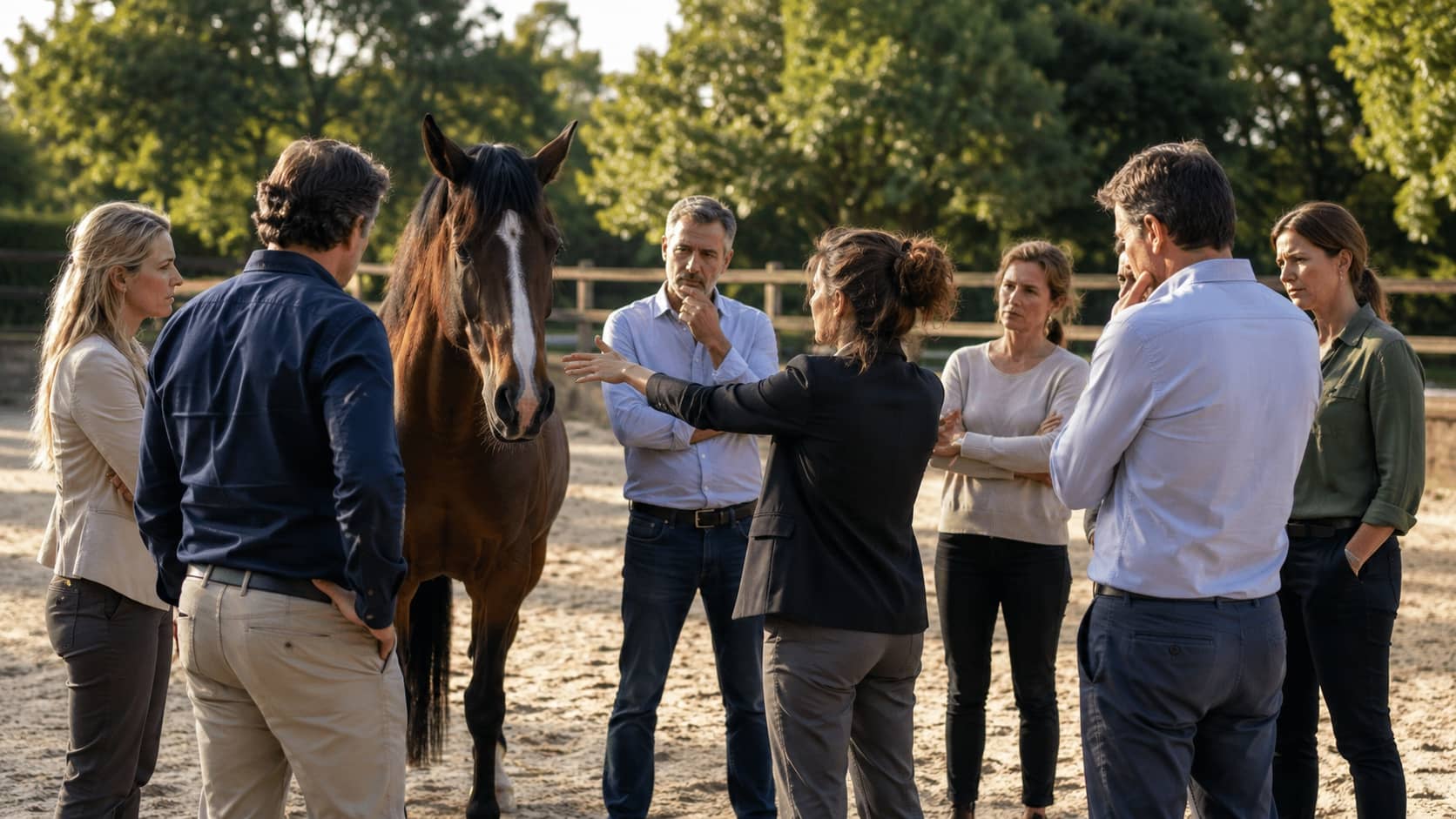 Équipe en situation de collaboration sous pression lors d’un exercice d’equicoaching révélant les dynamiques collectives et le leadership.