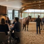 Équipe comparant une séance d’equicoaching avec un cheval et un coaching d’équipe en entreprise.