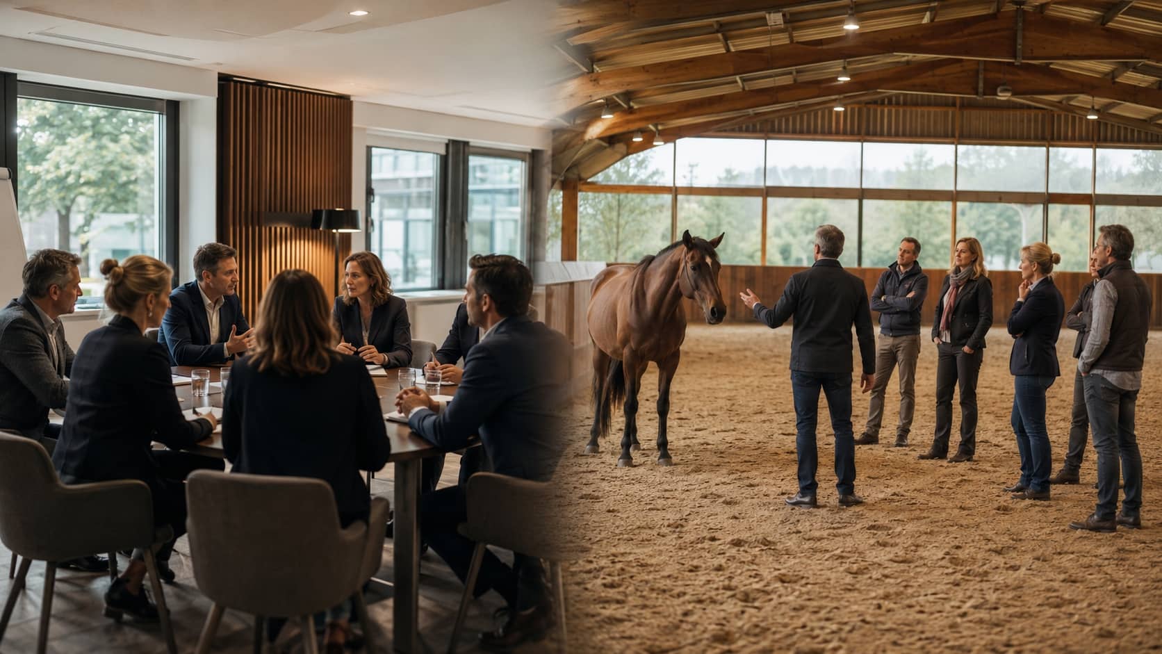 Équipe comparant une séance d’equicoaching avec un cheval et un coaching d’équipe en entreprise.